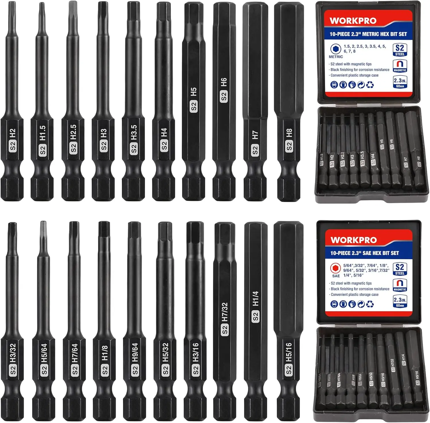 20pcs Hex Head Wrench Bit Set, CNC Machined S2 Metric and SAE Hex Bits, 1/4 Inch Square Shank Driver Bits, 2.3" Long Screwdriver Bits Set With Box