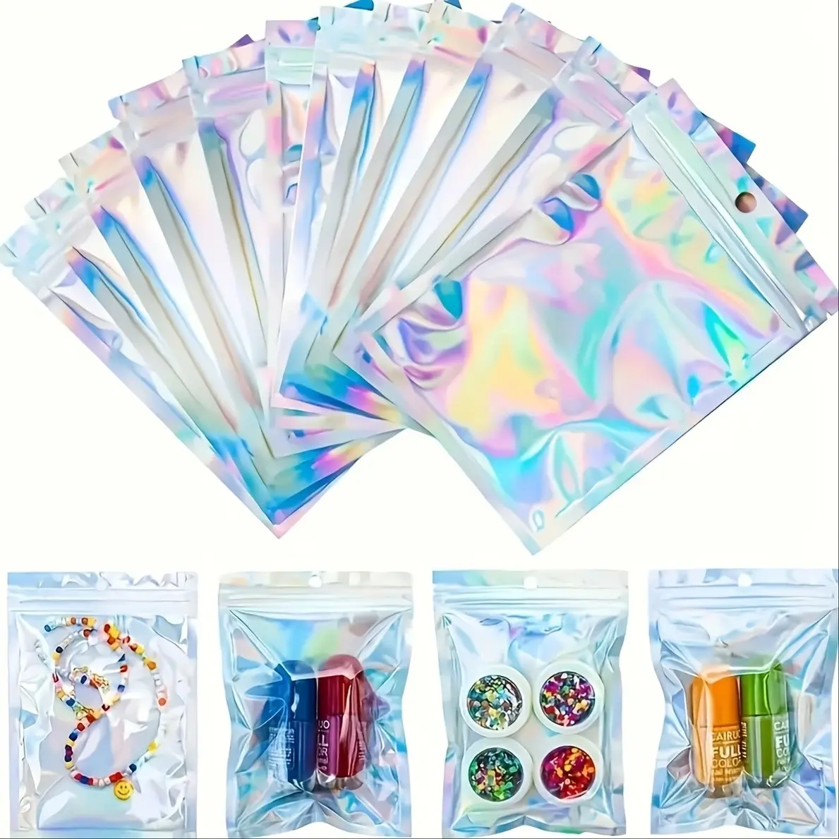 10 Reusable Sealed Odor-Proof Bags, Holographic Foil Pouches, Flat Seal Bags for Food Candy Jewelry Screws, Perfect Gift for Her/him