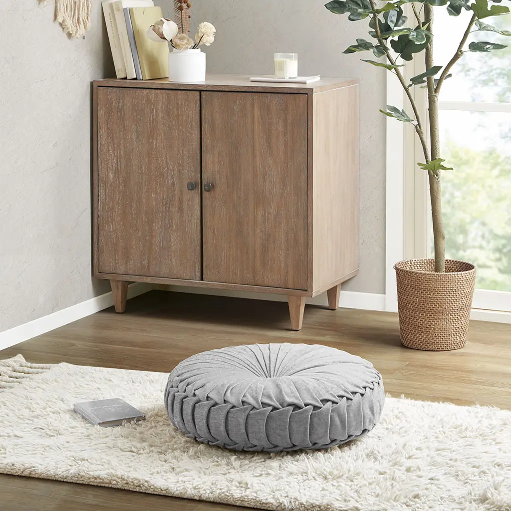Nokaa Poly Chenille Round Floor Pillow Cushion - Soft Plush Floor Seating Pad with Tufted Button Center, Pleated Detailing, 22x22x6 Inches, Grey