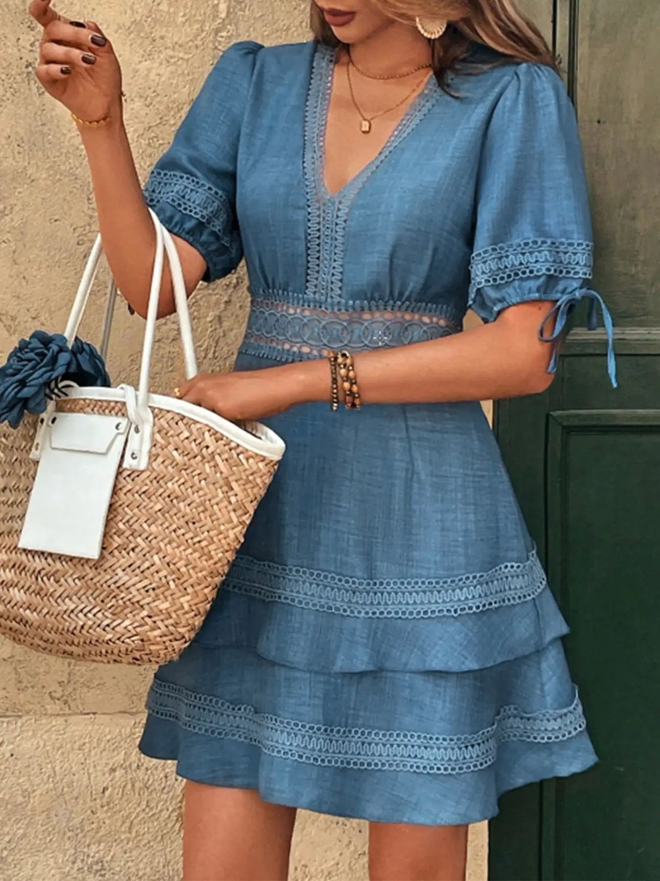 1 Piece Vacation Deep V Lace Edged Neck Puff Sleeves Tie Cuffs Midriff Hollow Cutout Multi Spliced Ruffle Tiered Mini Dress