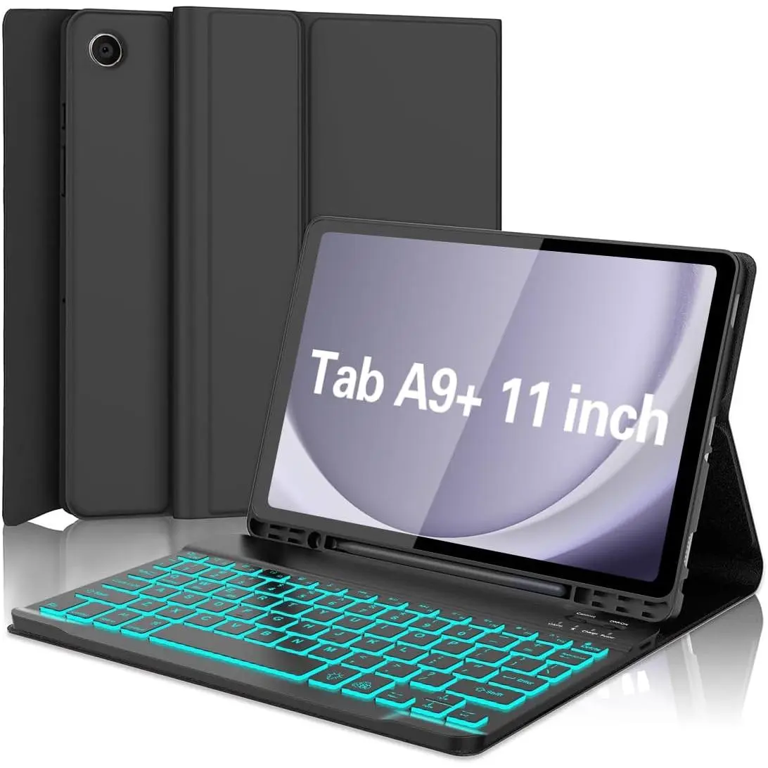 Detachable Cover Keyboard Case for 11in 2023 Android Tablet Tab A9 Plus 5G (SM-X210/X216/X218) - 7-Color Backlight Keys, S Pen Holder, Black Tablet Accessories