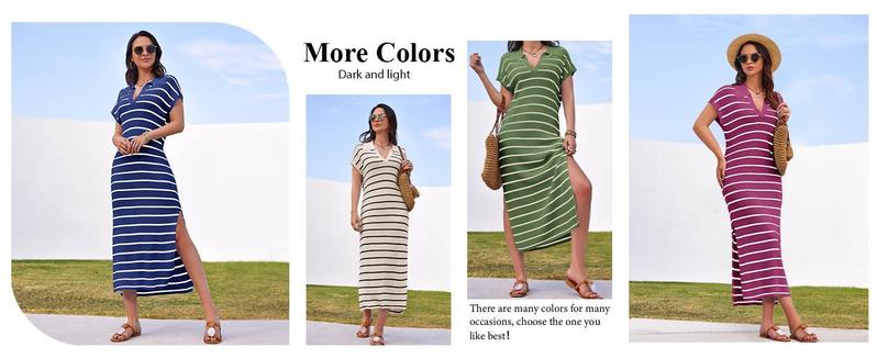 Imily Bela Womens Striped Summer Dresses Short Sleeve V Neck Knit Collared Sexy Slit Loose Maxi Sweater Dress
