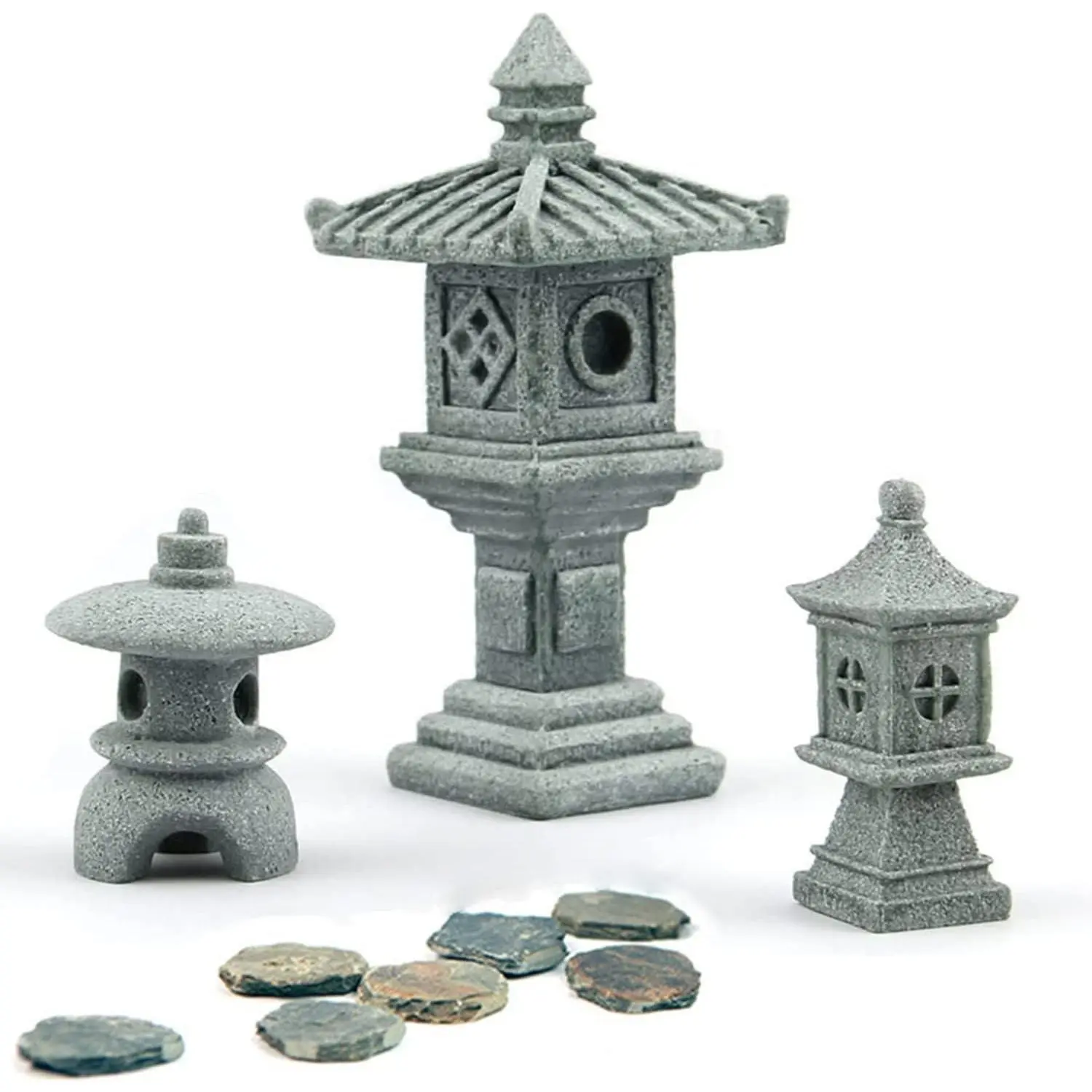 Compact Miniature Fairy Garden Decoration Set - 3 Japanese Lanterns, 10 Stepping Stones for Micro Landscape and Bonsai Yard