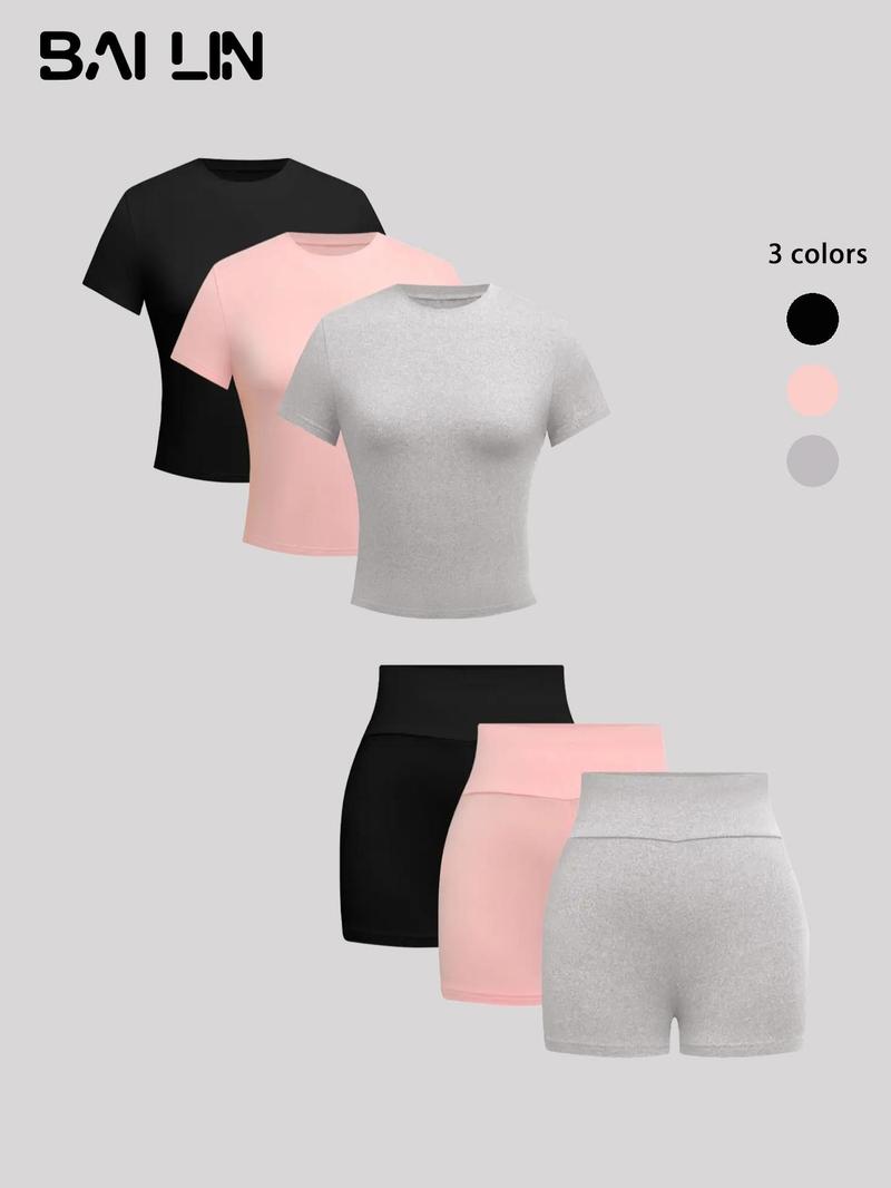 Women's  Solid Round Neck Tee & Skinny Shorts Set, Casual Short Sleeve T-shirt & Short Leggings, Ladies Summer Clothes
