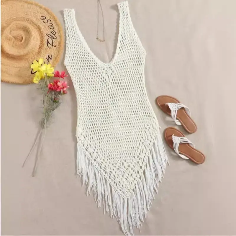Women's Bohemian Open Knit Beachwear Cover Up - Sleeveless V-Neck Boho Style Outfit with Tassel Hem for Summer Pool Parties, Bikini Coverage