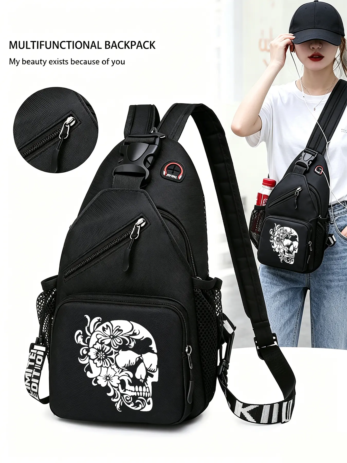 Mexican Day of the Dead Flower Skull Convertible Crossbody Bag/backpack, Convertible Shoulder Bags, Multi-functional Chest Bag with Convertible Shoulder Strap, Multiple Pockets, Suitable for Travel, Daily Commuting, Halloween Gifts