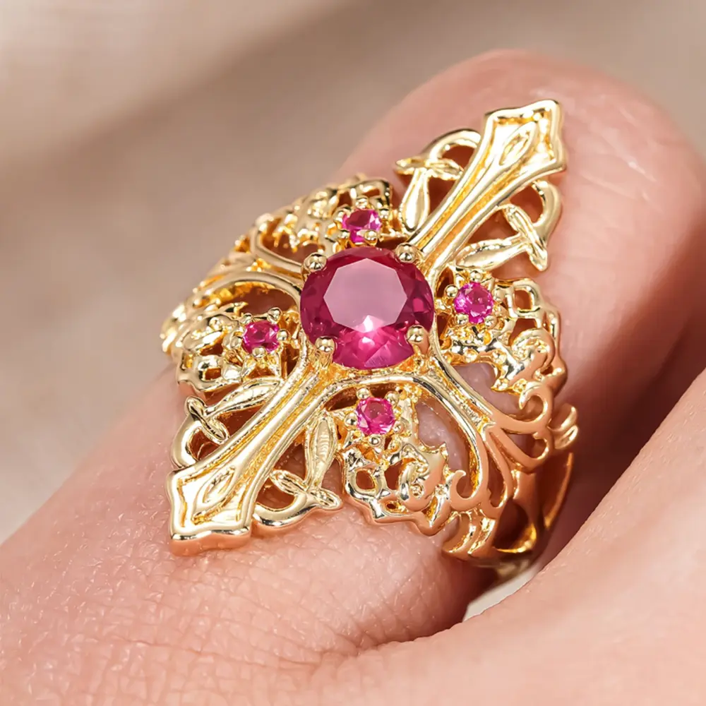 Gold Tone Ornate Cross Ring for Women, Vintage Filigree Openwork Ring With Round Fuchsia Cubic Zirconia, Gothic Royal Hollow Statement Ring, Luxury Retro Cocktail Party Jewelry Gift for Her