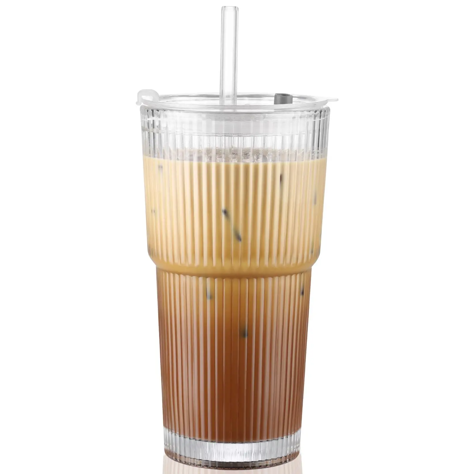 2 Pack 20oz Vertical Ribbed Glass Tumbler with Lid & Straw, Leakproof Iced Coffee Cup, Reusable Drinking Cup Fits Car Cup Holder