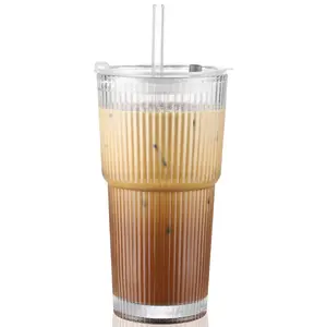 [FORMA GRAIN]2 Pack 20oz Vertical Ribbed Glass Tumbler with Lid & Straw, Leakproof Iced Coffee Cup, Reusable Drinking Cup Fits Car Cup Holder