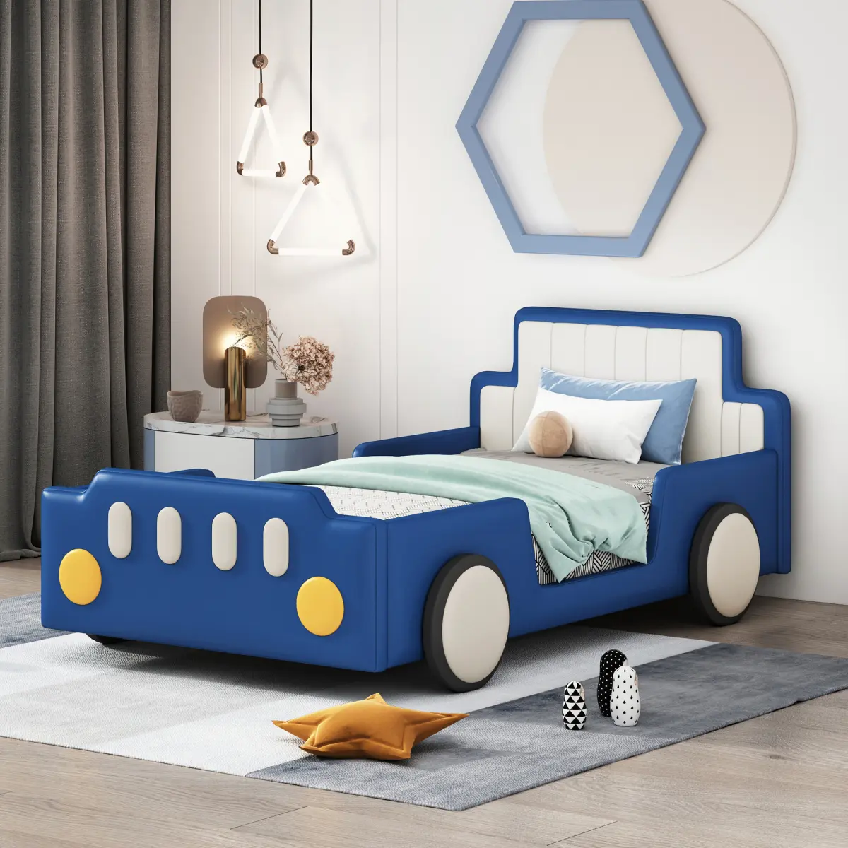 Twin Race Car Platform Bed with Wheels, PU Car Bed Frame for Boys,Kids Car Bed Twin Size with Soft PU Leather Headboard and Footboard, Fits Standard Twin Mattress(No Mattress), Blue