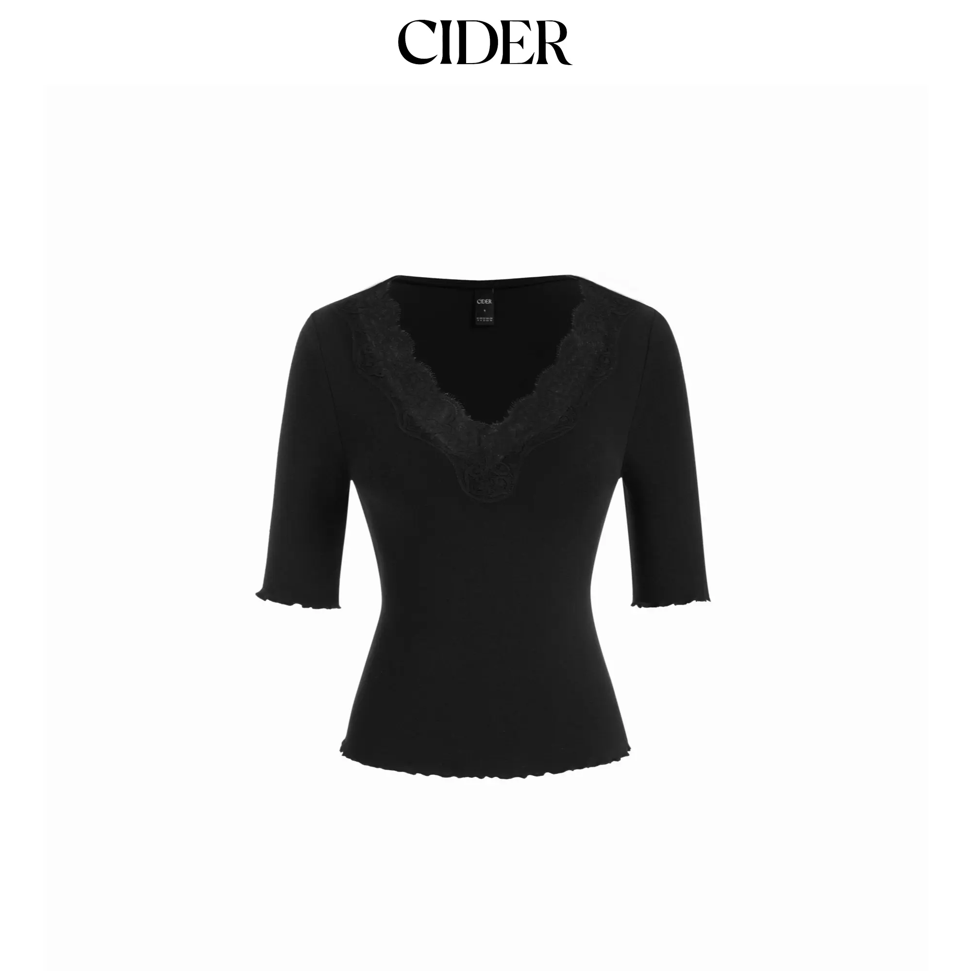 Cider Cotton-blend V-neck Mid-length Sleeve Lace Trim Lettuce Trim Top