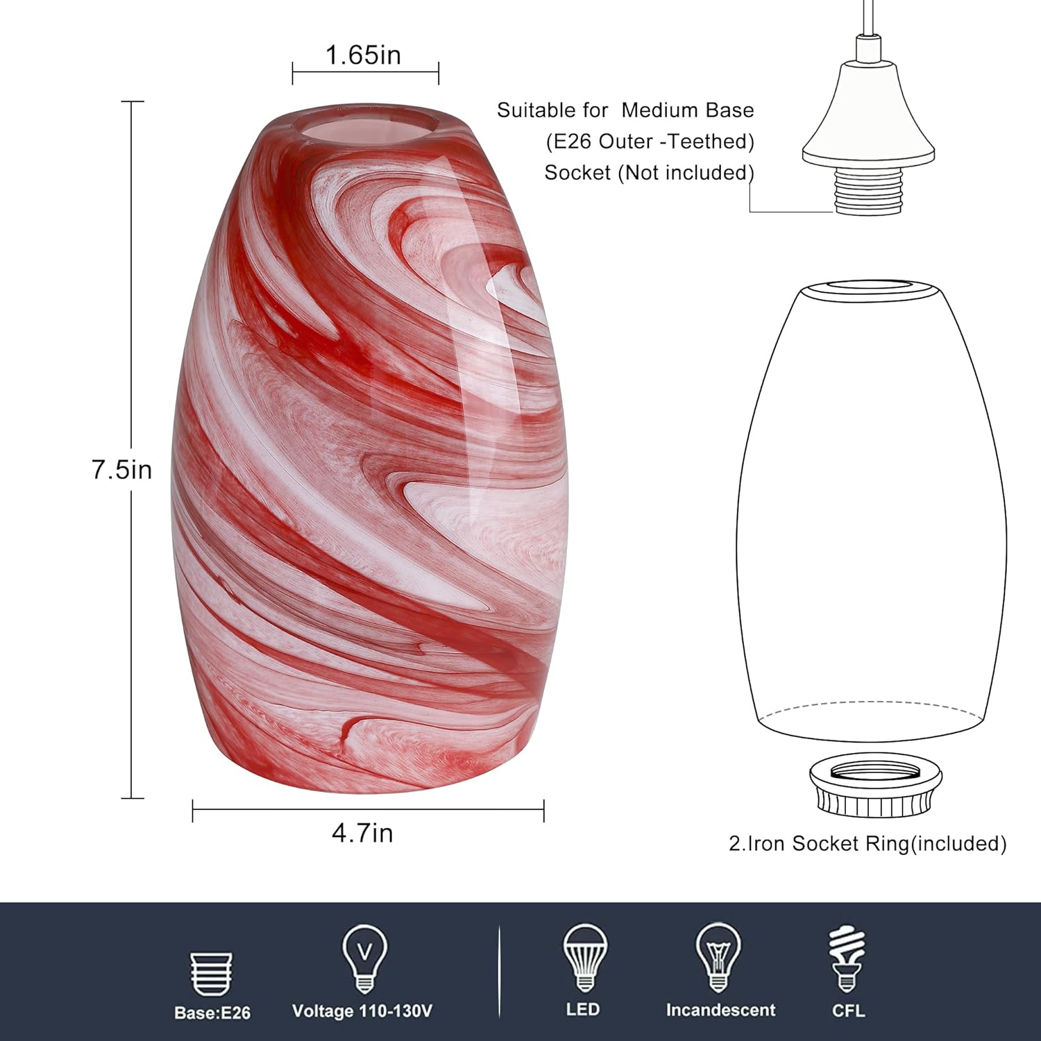 Burgundy Marble Glass Pendant Lamp Shade 4.72" Art Glass chandeliers Cover Mini Oval Light Shade Replacement Shade Only Light Fixtures for Kitchen  pendant light 1-Pack