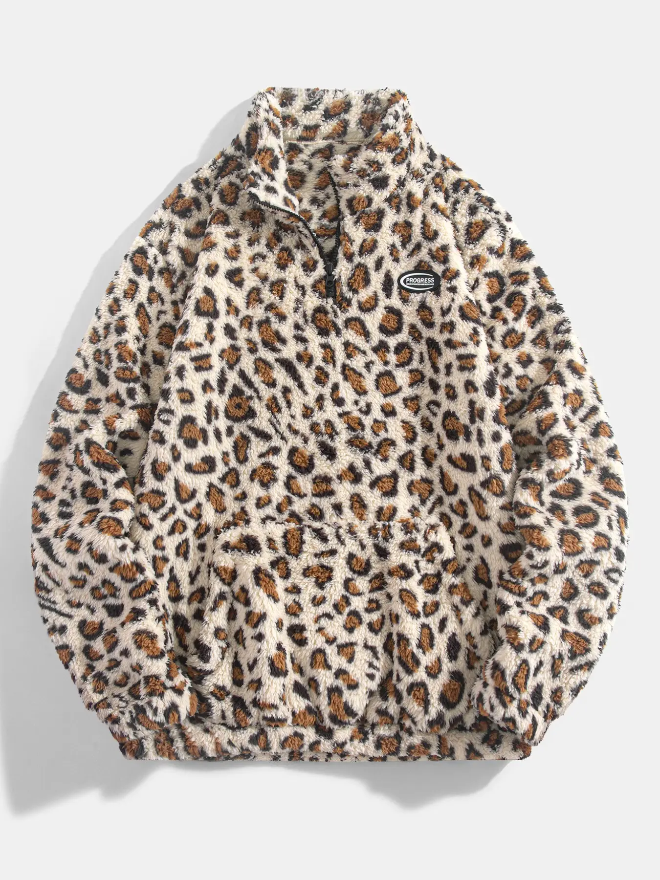 Men Leopard Print Fluffy Fleece Quarter Zip Sweatshirt, Stand Collar Long Sleeve, Casual Street Winter Pullover, Warm Outdoor Wear, Collared Zip Up