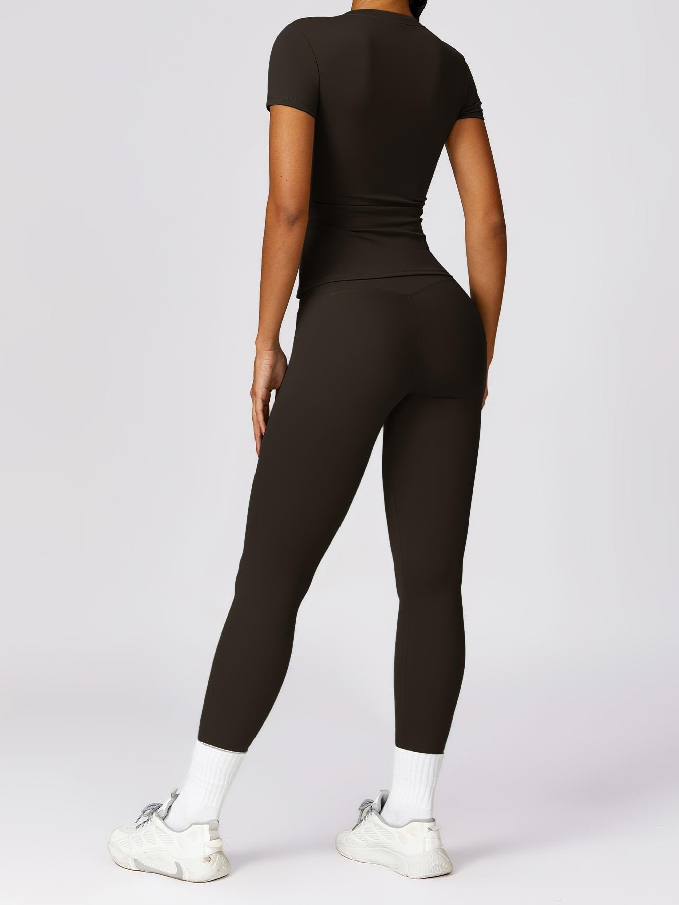 Women's Solid Round Neck Tee & High Waist Leggings Sportswear Set, Breathable Quick Drying Short Sleeve T-shirt & Skinny Pants, Ladies Sportswear for Indoor Outdoor Wear