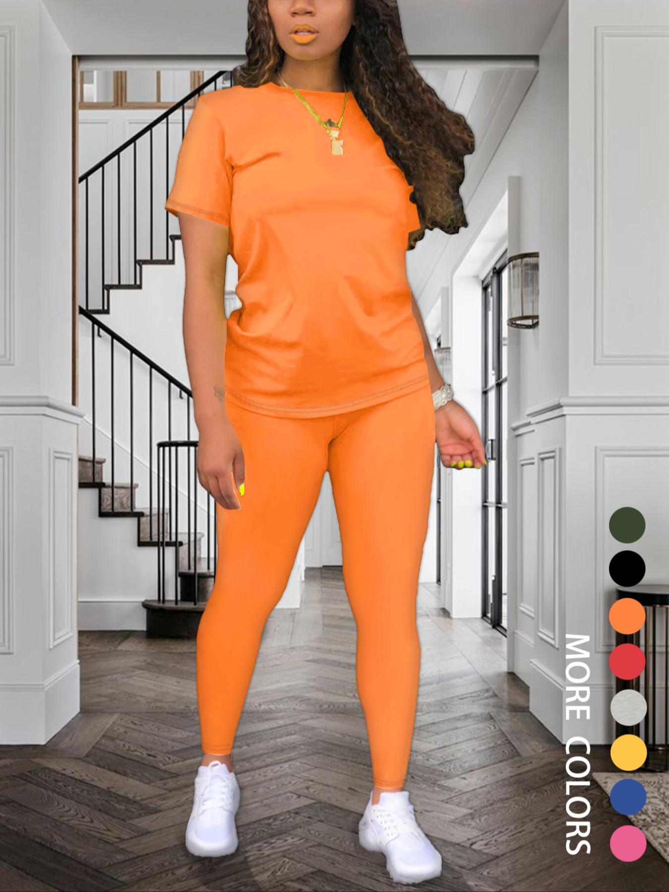 Women's Solid Color Round Neck Fitted Tee & Leggings Set, Summer Clothes, Short Sleeve T-shirt & Skinny Pants, Summer Clothes for Daily Wear