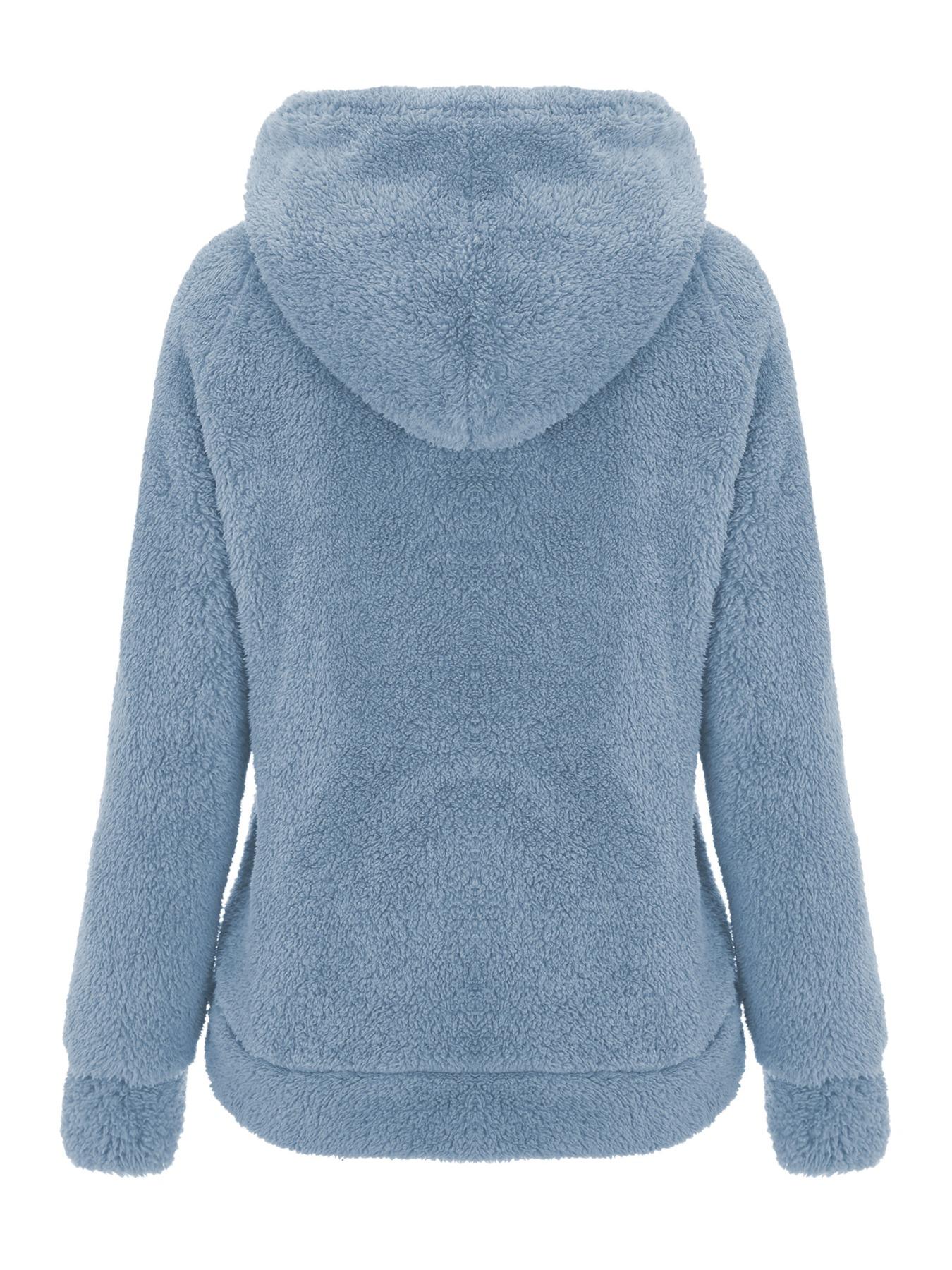 Women's Hooded Plush Jacket with Pockets & Drawstring, Solid Casual Fitted Zipper Outerwear for Spring Autumn Winter All Seasons