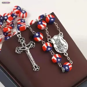 Puerto Rico Flag Rosary Necklace with Polymer Clay Cross Charm, Religious Beaded Jewelry for Women, Casual Wear for Ceremony or Anniversary