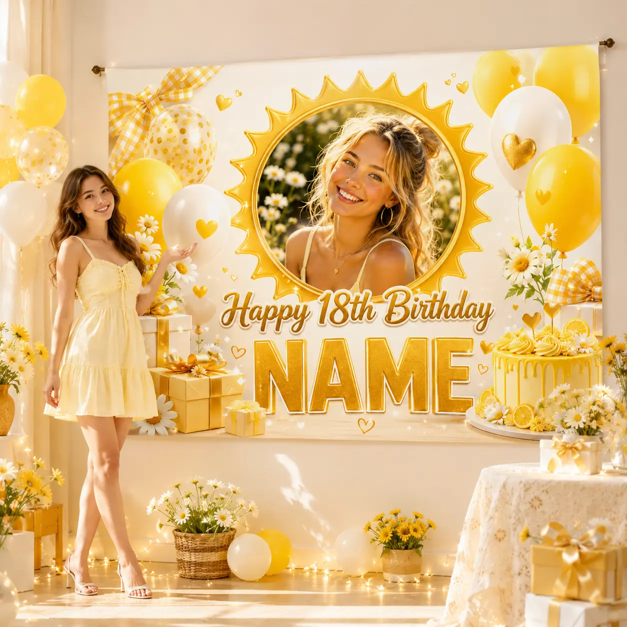 Customizable Floral 18th Birthday Backdrop - Personalized Yellow Daisy 1-Piece Party Decor with Flowers, Photo Slot, Name, Sunshine Frame, Balloons, Gingham Bows, Gifts, Cake, Banners (Home & Festive Party Supplies), One-Piece