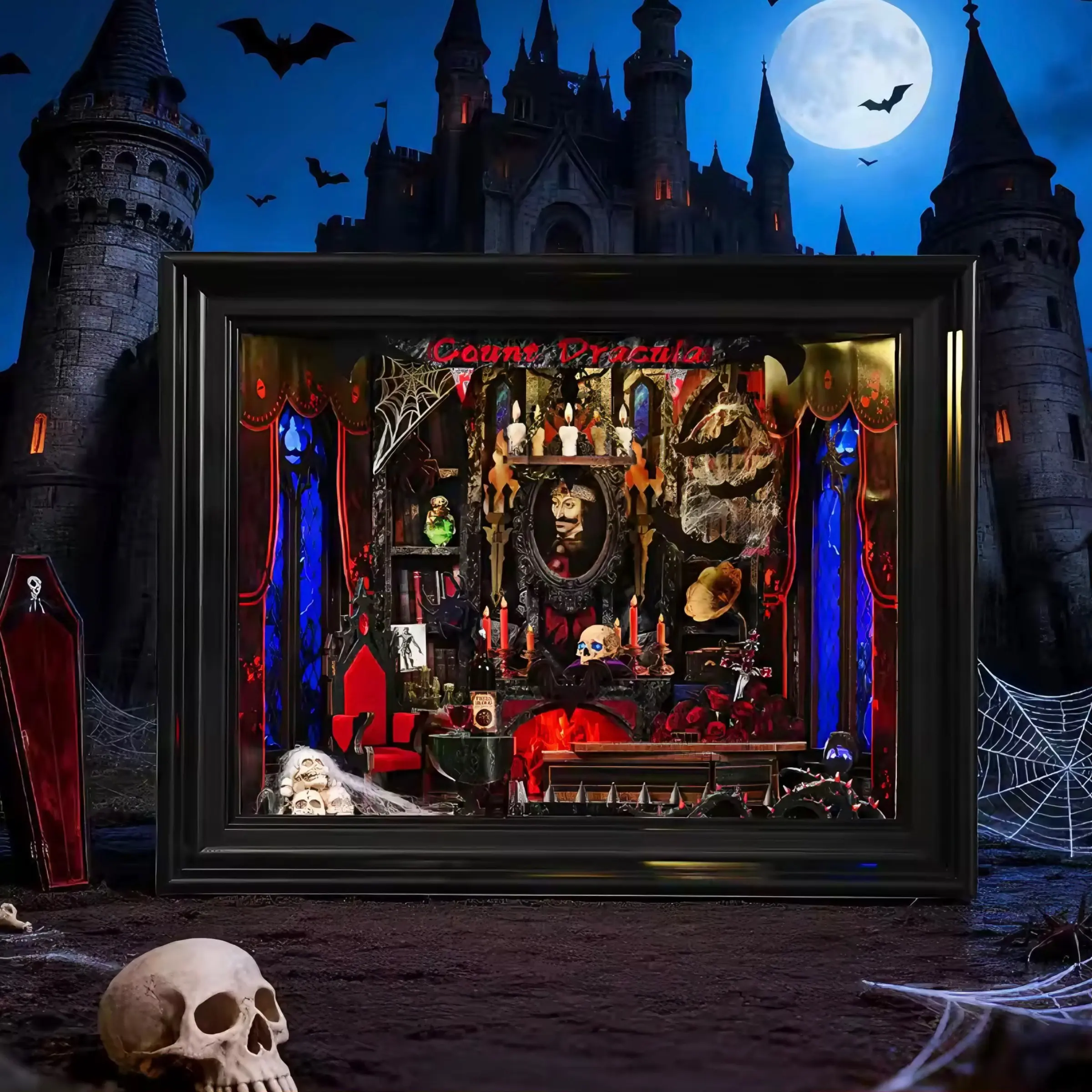 Book Nook Kit-3D Wooden Puzzle with LED Switch Control & Wall-Mountable Frame,DIY Miniature House for Beginners,Bookshelf/Tabletop/Wall Decor for Craft Lovers,Dollhouse Gift,Count Dracula,Halloween