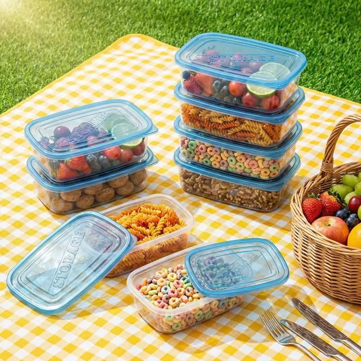 12pcs Reusable Transparent Food Storage Containers Set, Kitchen Preserving Containers, blue leakproof lid with stackable storage for fruits vegetables, fridge organizer for kitchen storage, office lunch and picnic food organization