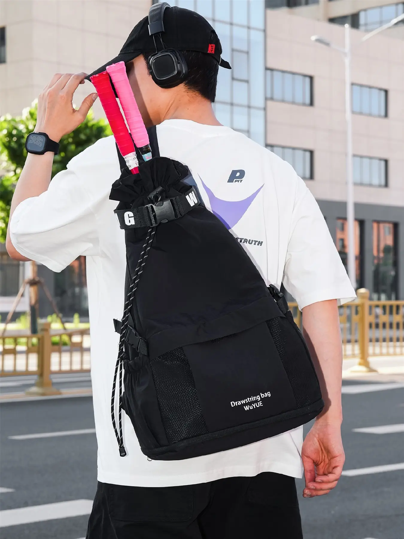 Large Capacity Drawstring Badminton Bag, Unisex Lightweight Waterproof Tennis Racket Pouch, Outdoor Fitness Backpack