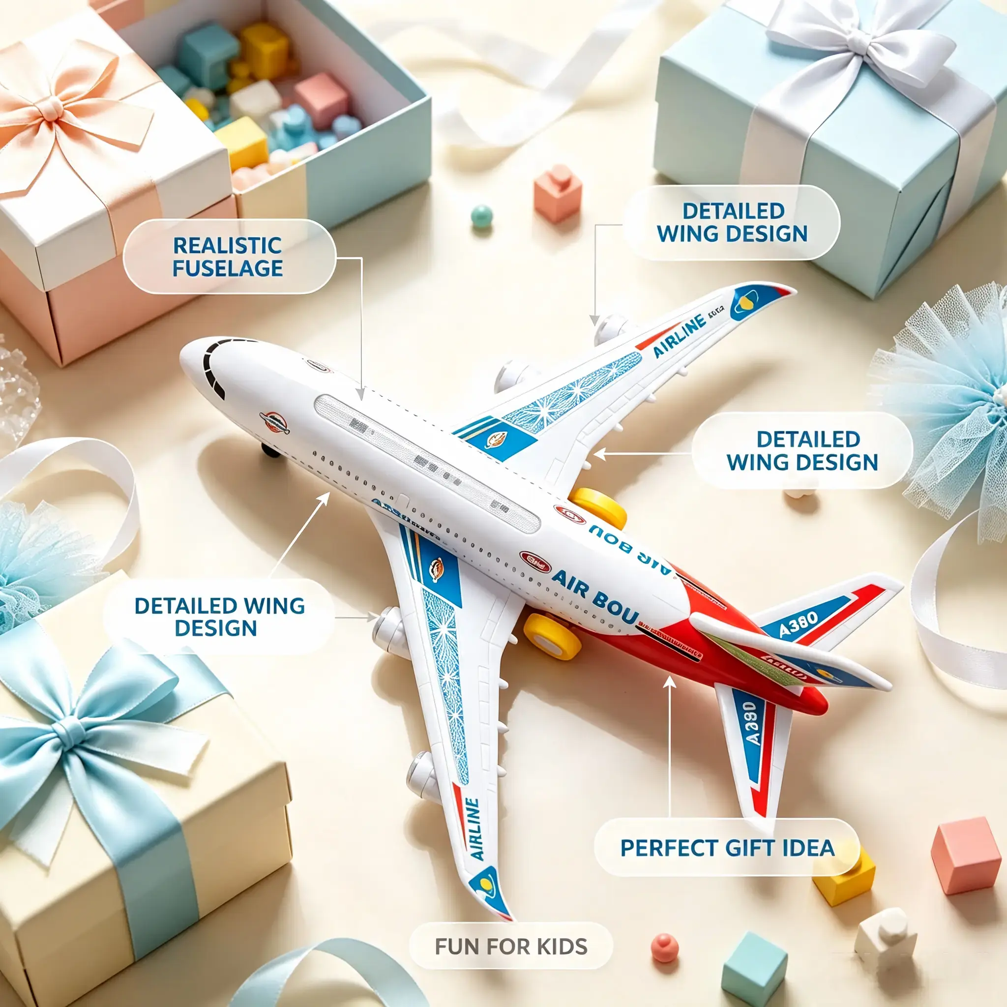 Unisex A380 Model Electric Light-Up RC Airplane Toy for 3-4 Years Old Kids - Bump & Go Auto Turn, Realistic Sounds, Transportation-Themed Aircraft