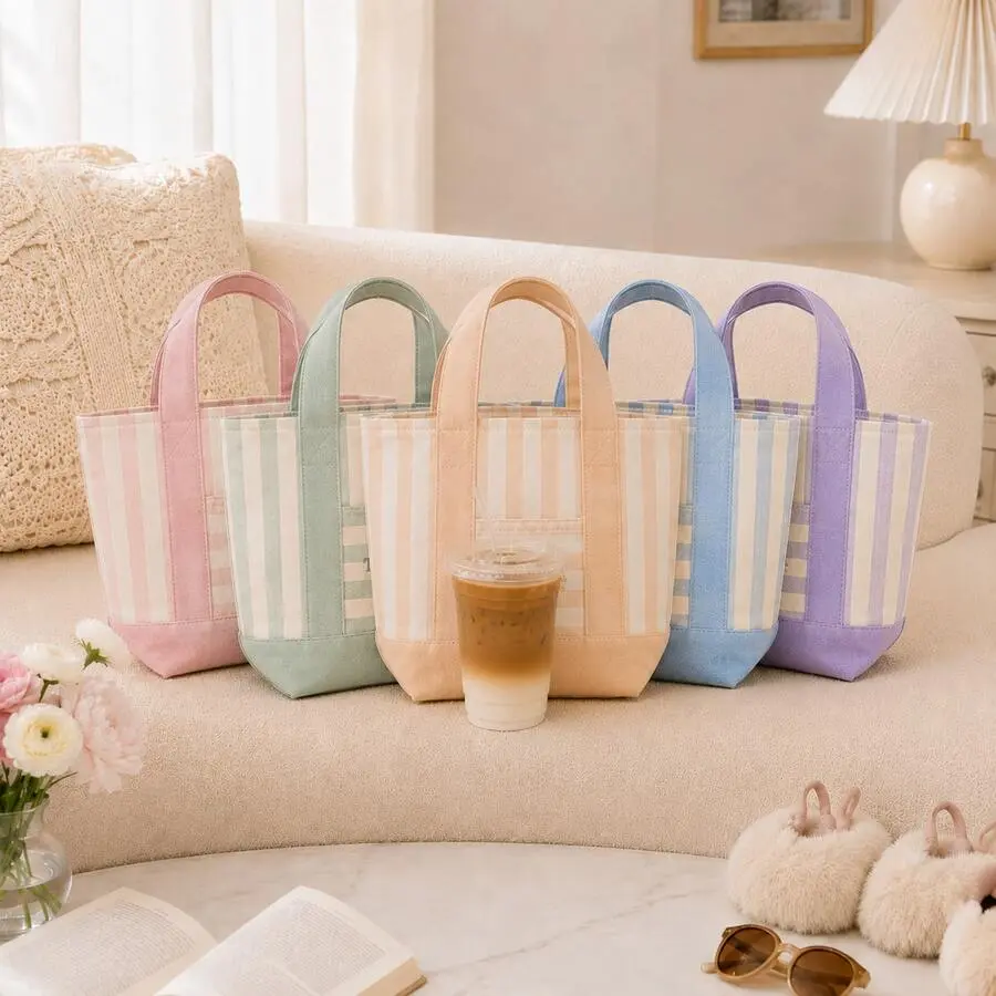 Trending Mini Pastel Tote Bags 5 Colors SelectionCanvas Tote Bag With External Pockets, Reusable Grocery Shopping Bag