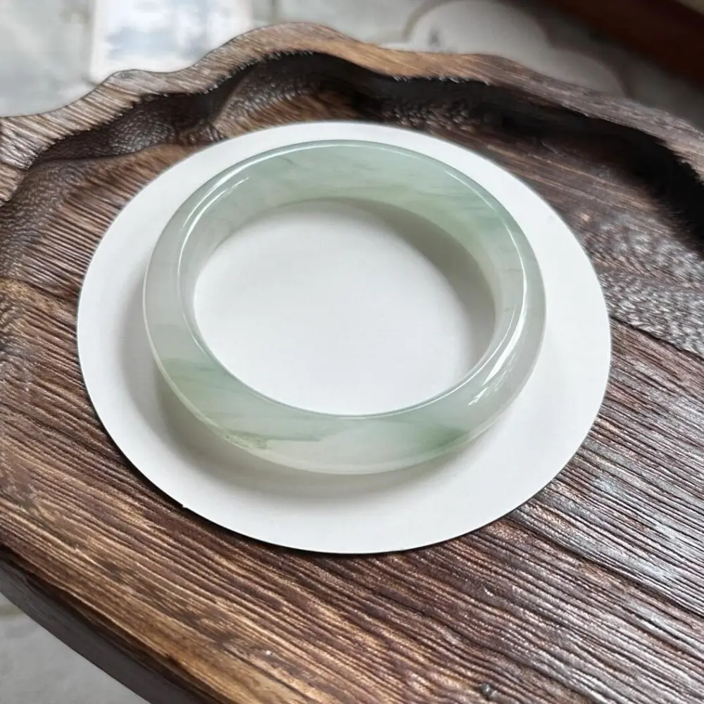 Women's Natural Tianshan Cui Jade Round Bangle, Multi-Green Snow Golden Silk Jade