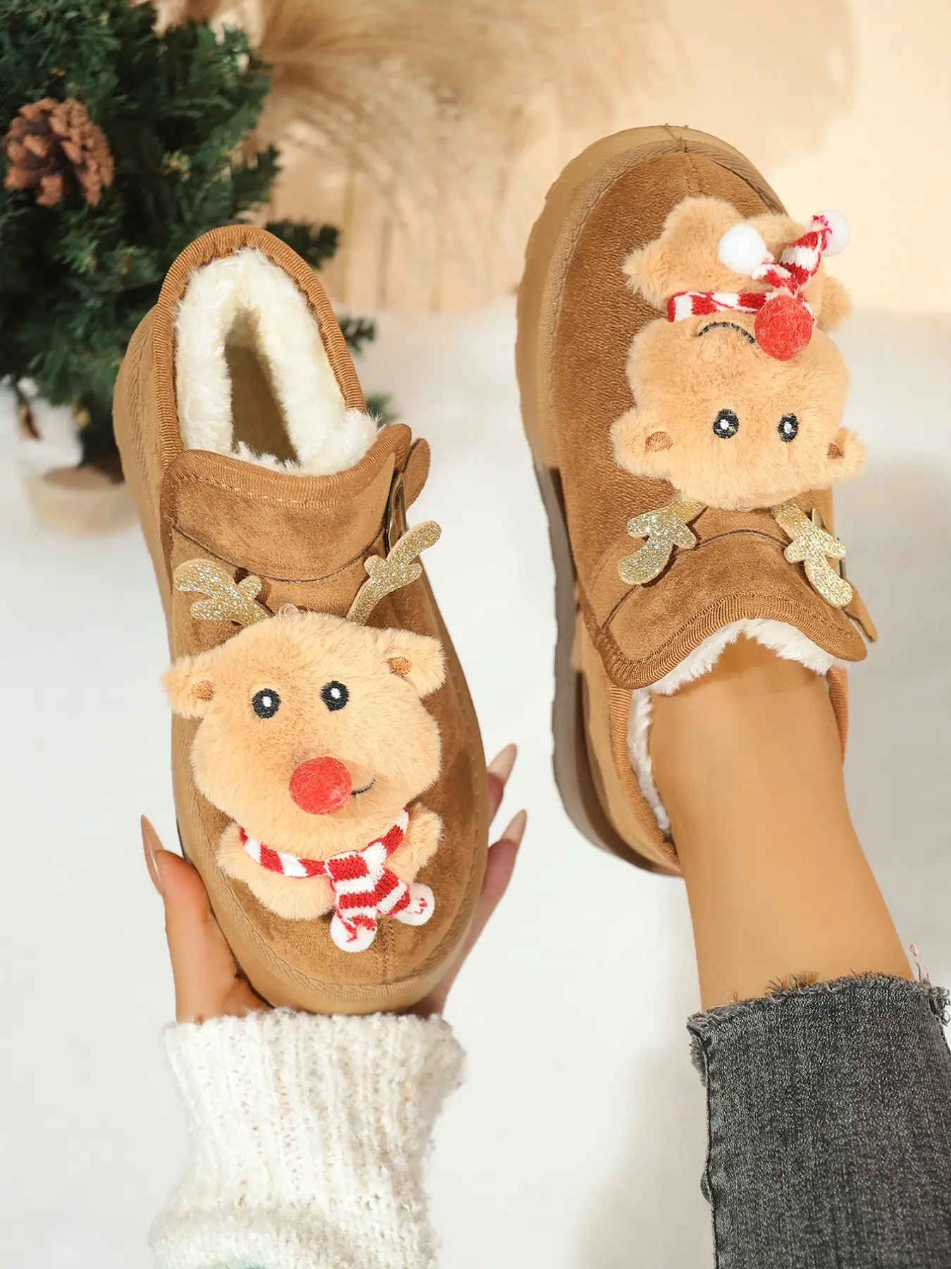 English: Cute 3D Plush Reindeer Winter Boots For Ladies Thick Non-Slip Sole Furry Lined Xmas Holiday Casual Warm Shoes