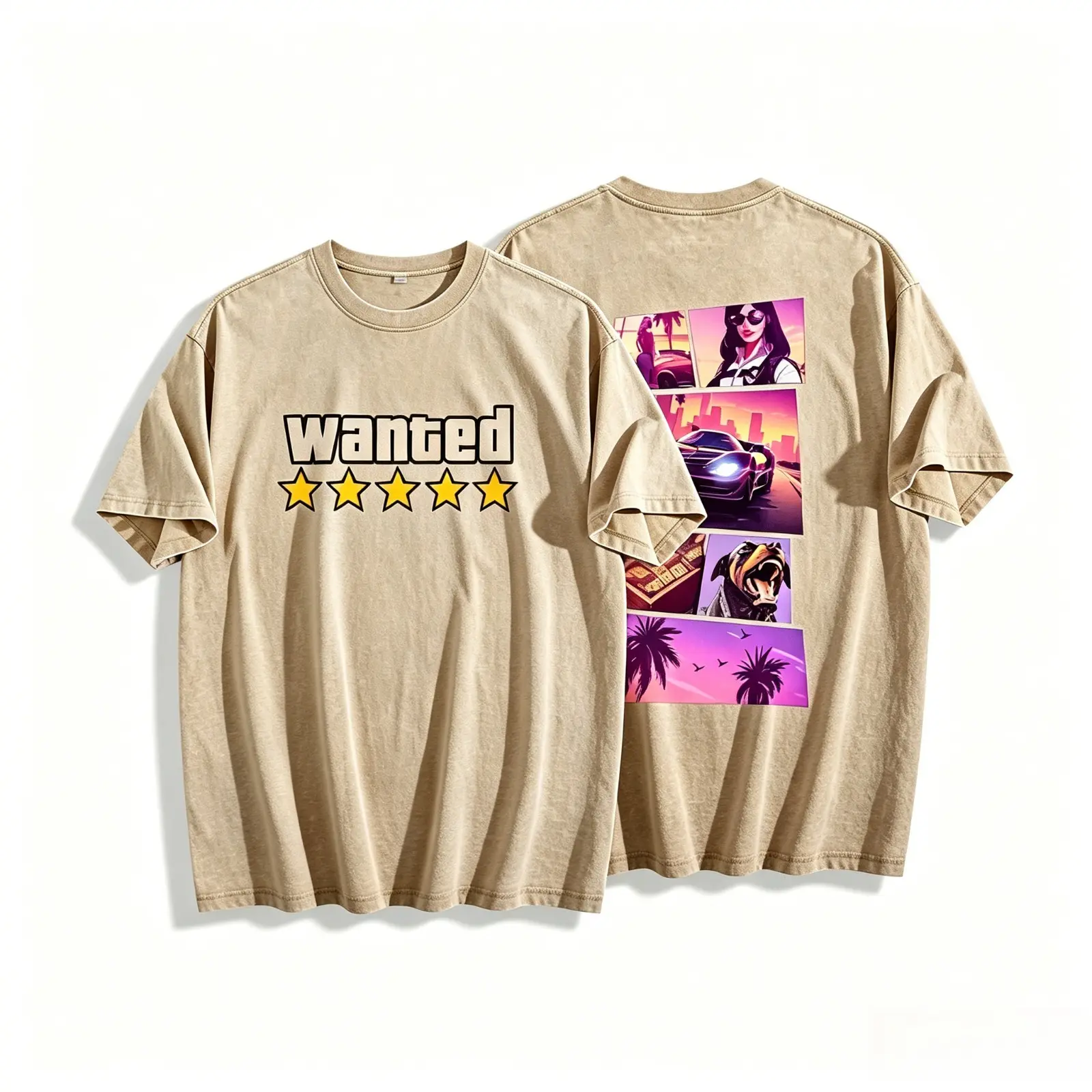 Vintage Washed GTA Wanted 5 Star Graphic Tee Front Back Print Oversized Unisex Heavy Cotton T Shirt, Retro Vice City Game Streetwear Top For Summer Festival 4th Of July Casual Outfit Gamer Fan Gift Men Women