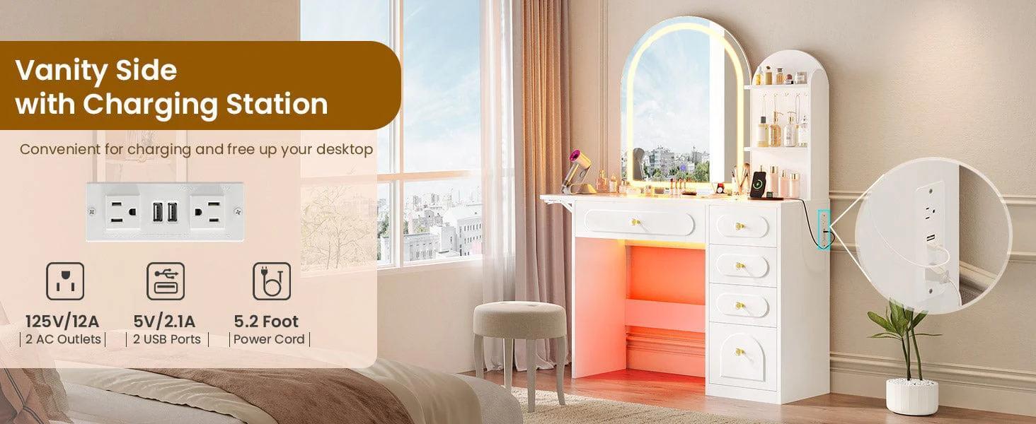 Arched Makeup Vanity with LED Lighted Mirror and Charging Station White