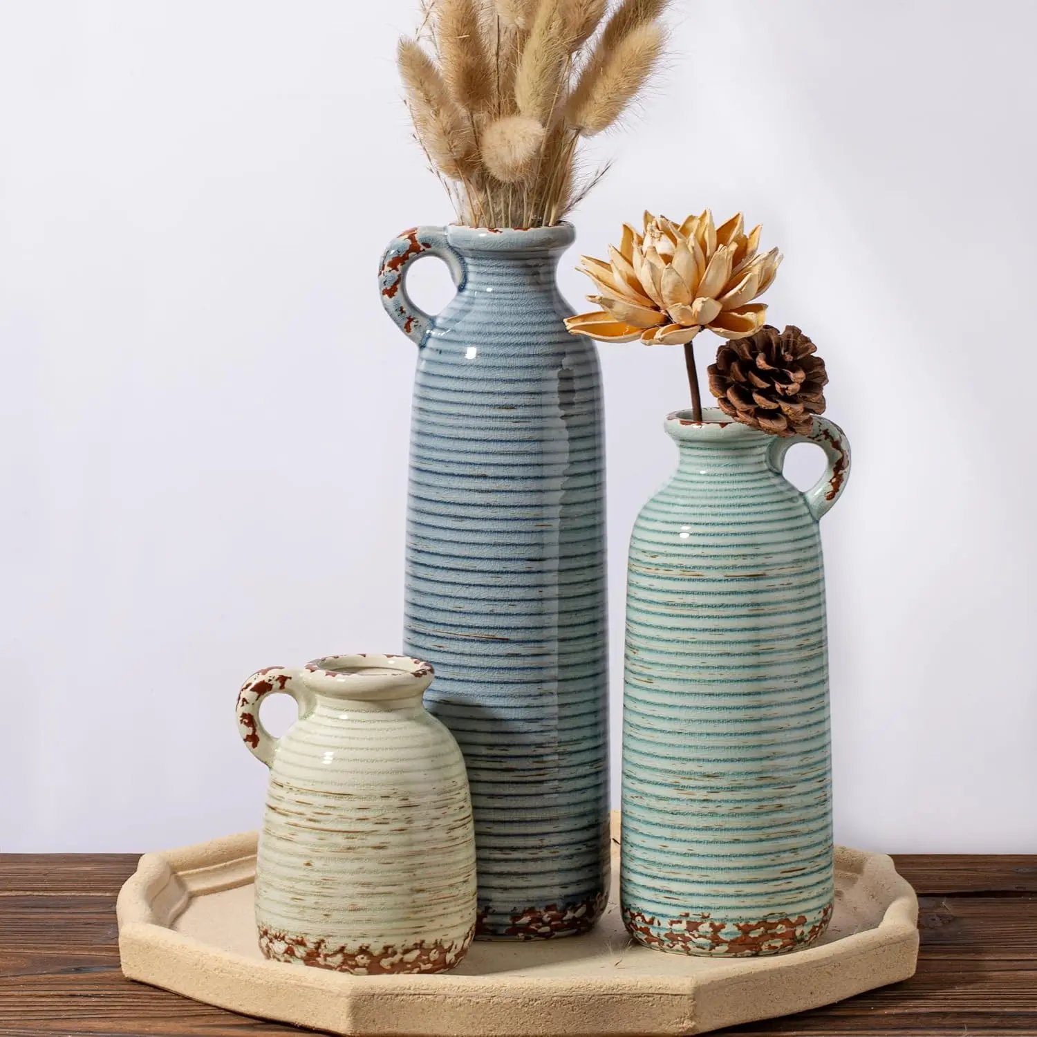 Ceramic Vase Set of 3 with Handles, Blue Neutral Rustic Modern  Boho Decor, Versatile as Table Centerpiece or Mantel & Shelf Accent -    Idea