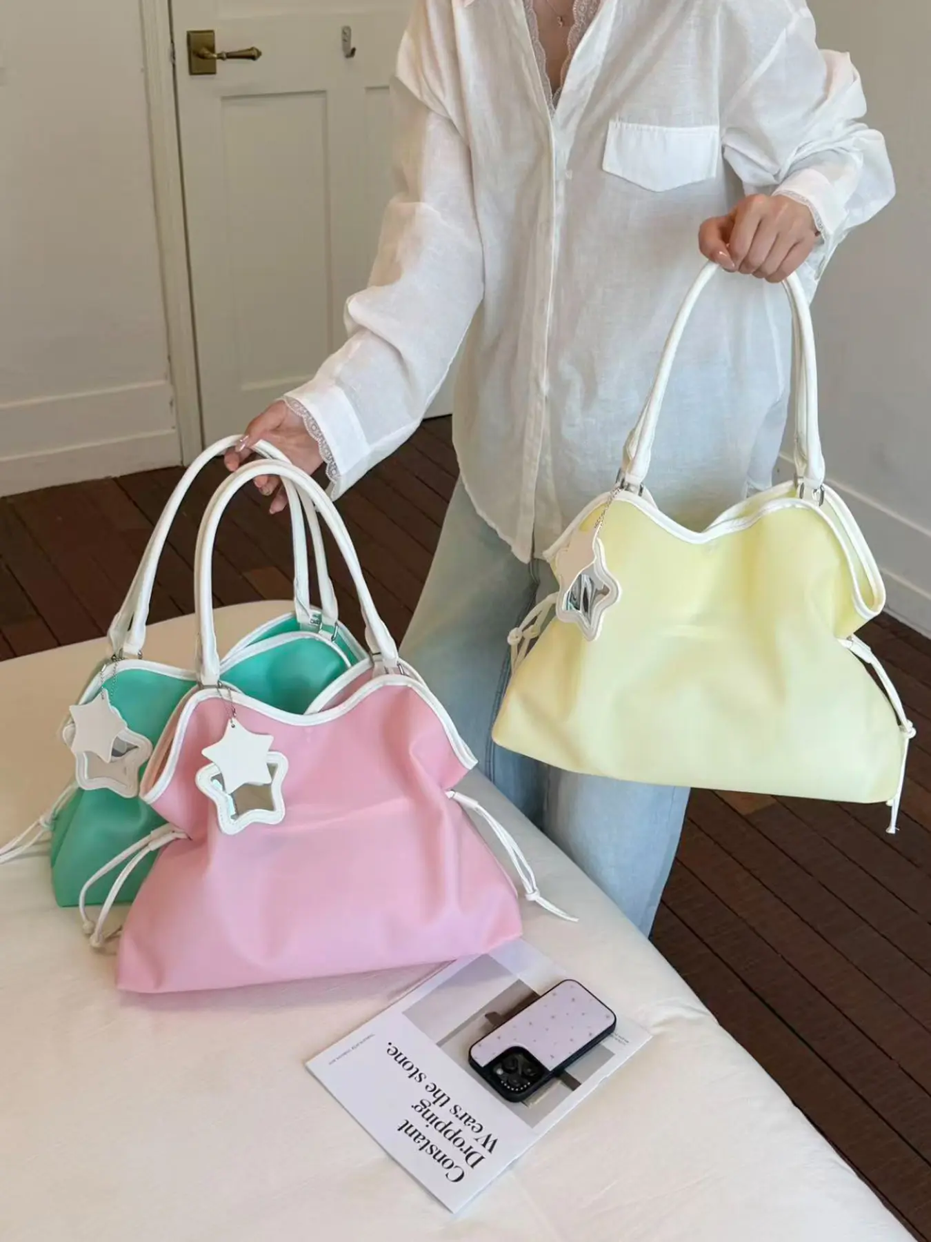 1PC Pastel Color Kawaii Y2K Tote Bag Casual Trendy Bag Soft Waterproof Nylon Drawstring Shoulder Bag Large Capacity Daily School Handbag with Detachable Star Mirror Pendant for Women
