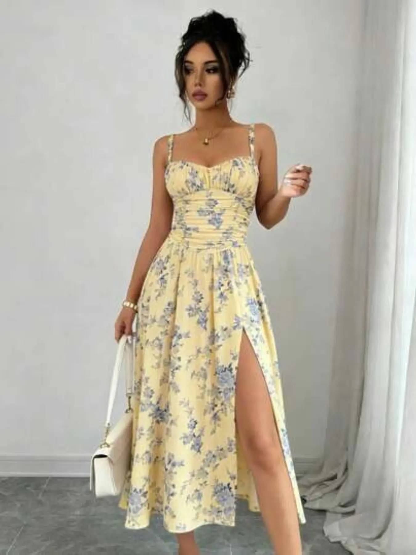 Women's Summer Floral Print High Split Thin Strap Sleeveless Midi Dress, Perfect for Daily Dates, Beach Vacations, Aesthetic, Stylish, Chic and Comfortable