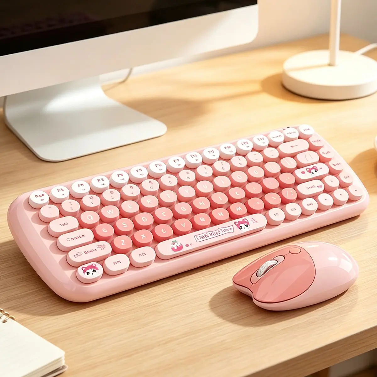 MOFii Candy Cute Bear Wireless Keyboard & Mouse Set, Macaron Cartoon Round Key Combo for Girls Office