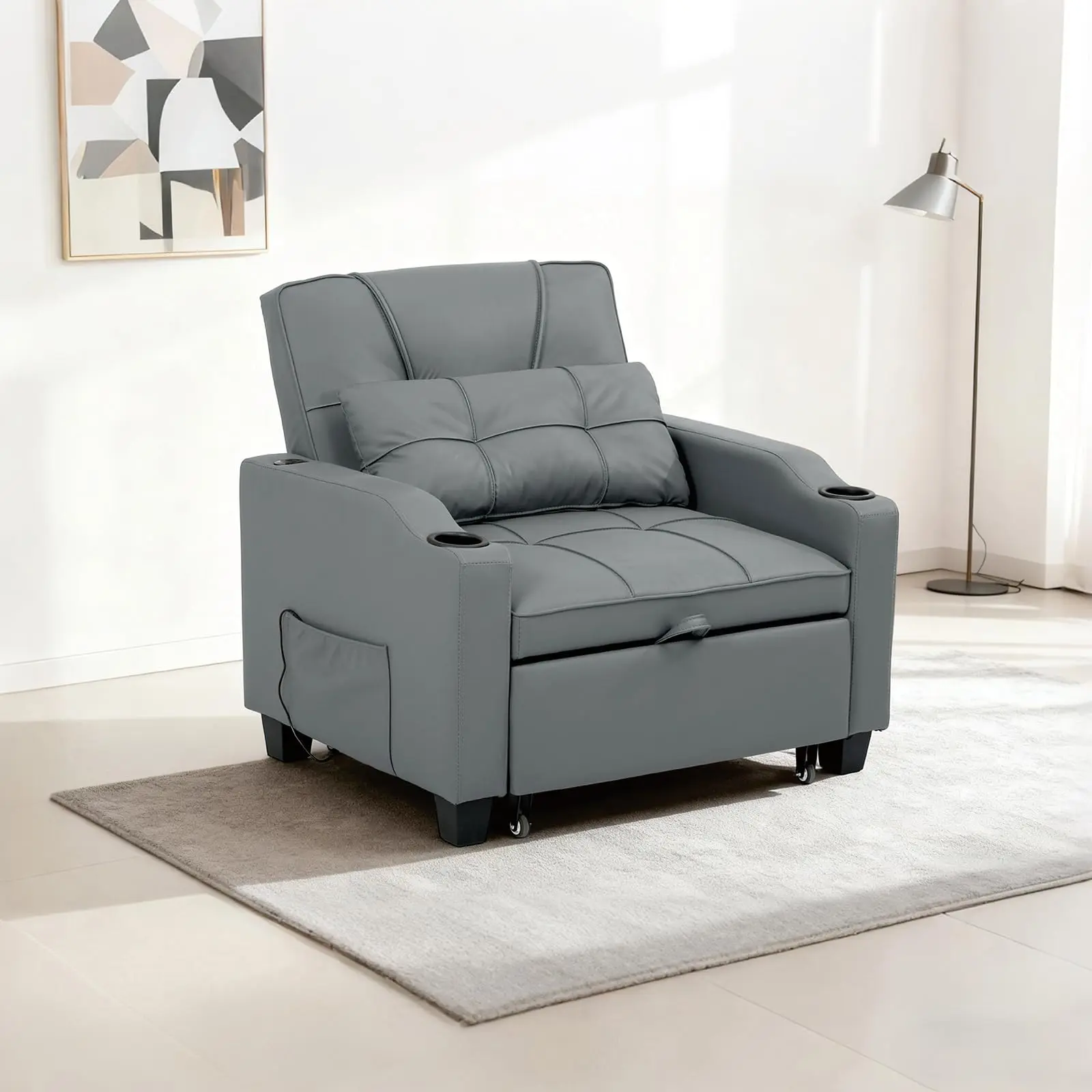 4-in-1 Convertible Sofa Chair Bed, Pull Out Sleeper Chair with Vibration Massage, Lumbar Pillow, USB/Type-C Port, Cup Holders & Side Pocket for Small Spaces