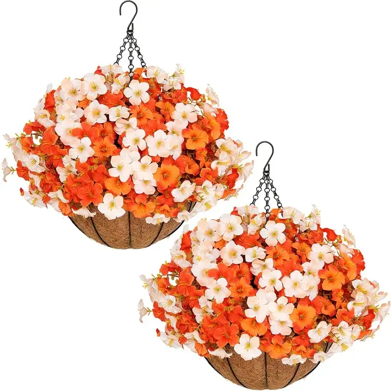 2-Piece Autumn Outdoor Artificial Flowers Morning Glory Hanging Baskets, Includes 2 Baskets and 24 Bouquets, Ideal for Balcony, Garden, Patio Decor