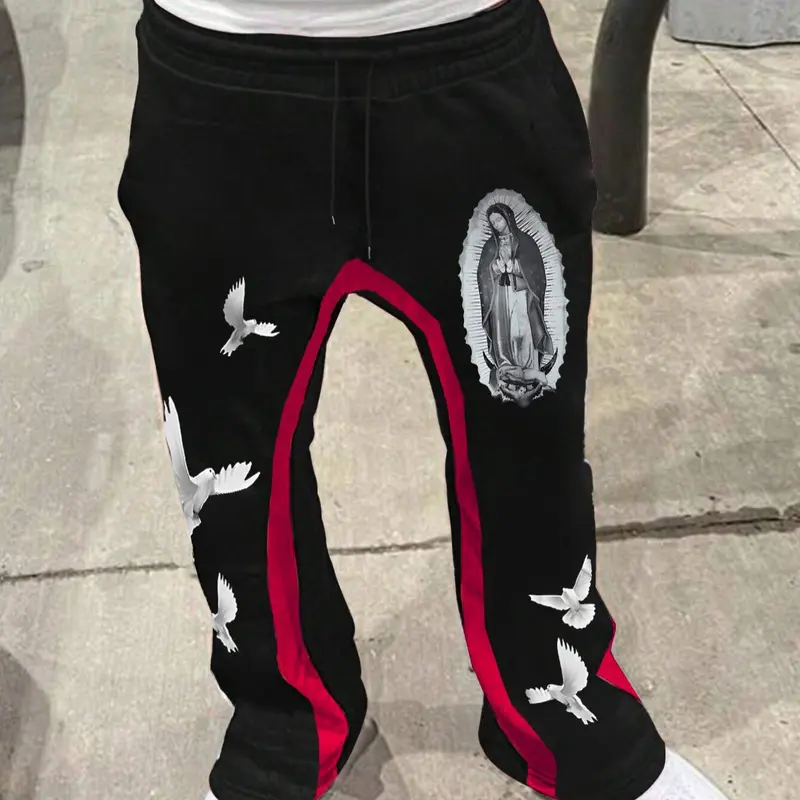 Men's Colorblock & Virgin Mary & Dove Print Drawstring Waist Flare Leg Pants, Regular Fit Casual Pocket Design Trousers for Daily Wear, Men's Bottoms for Fall & Winter
