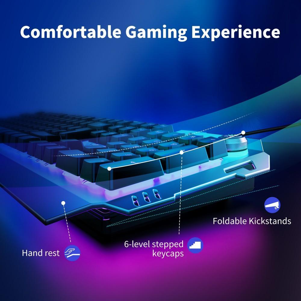 EWEADN Wired Gaming Keyboard, LED Backlit 104 Keys Full-size Silent Keyboard, Ergonomic Keyboards with Knob Switch for Desktop Computer and Notebook, Rainbow Keyboard