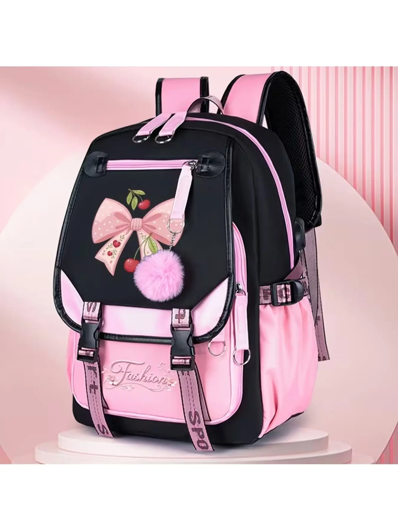Christmas Gift Butterfly Bow Print Girls Backpack Lightweight School Bag With Pom Pom Pendant Casual Travel Bookbag Perfect for Daily Commuting for Halloween