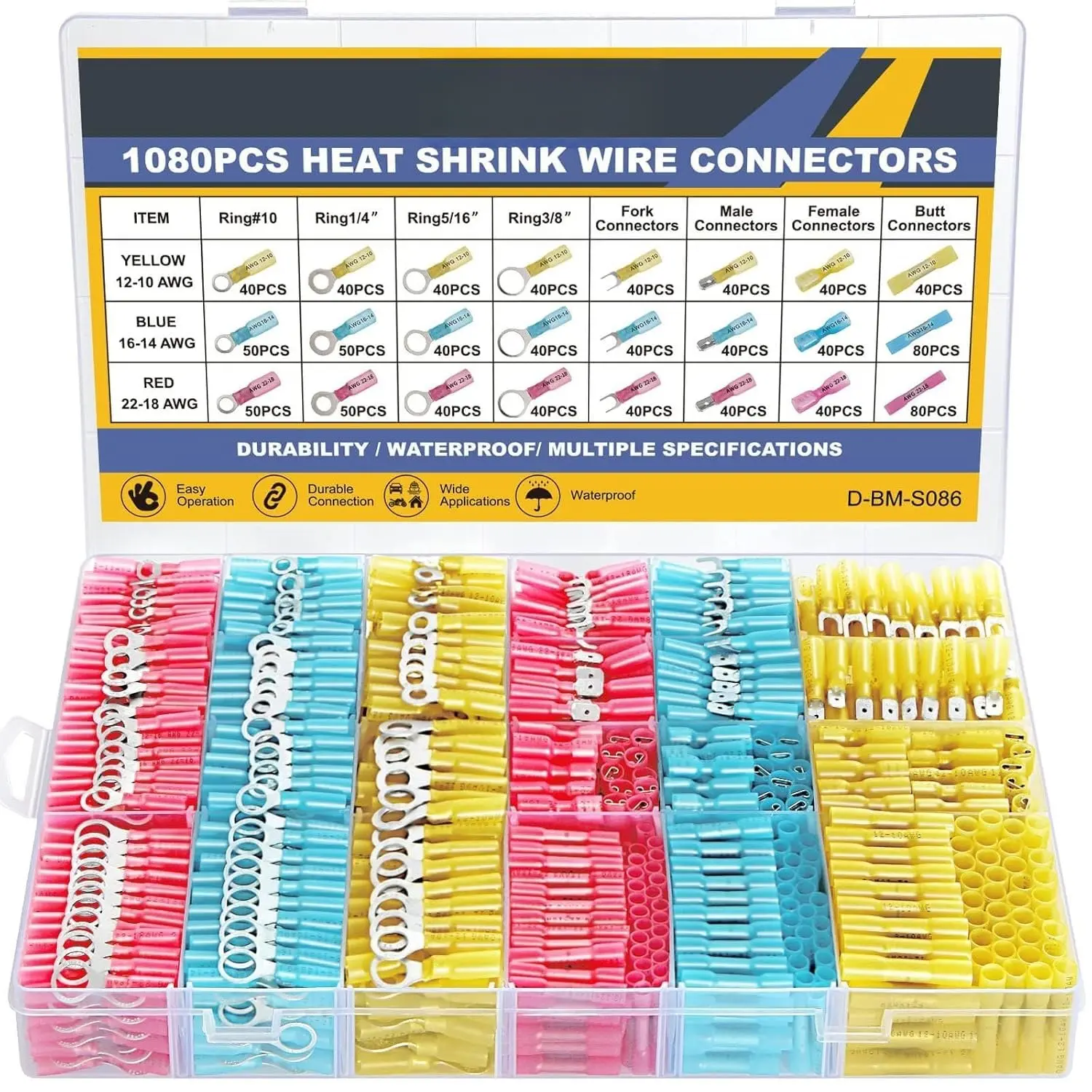 1080-Count Outdoor Waterproof Marine Grade Heat Shrink Wire Connectors Kit with Tinned Red Copper Crimp Insulated Ring/Fork/Spade Splice (AWG 22-10) in Kit Box