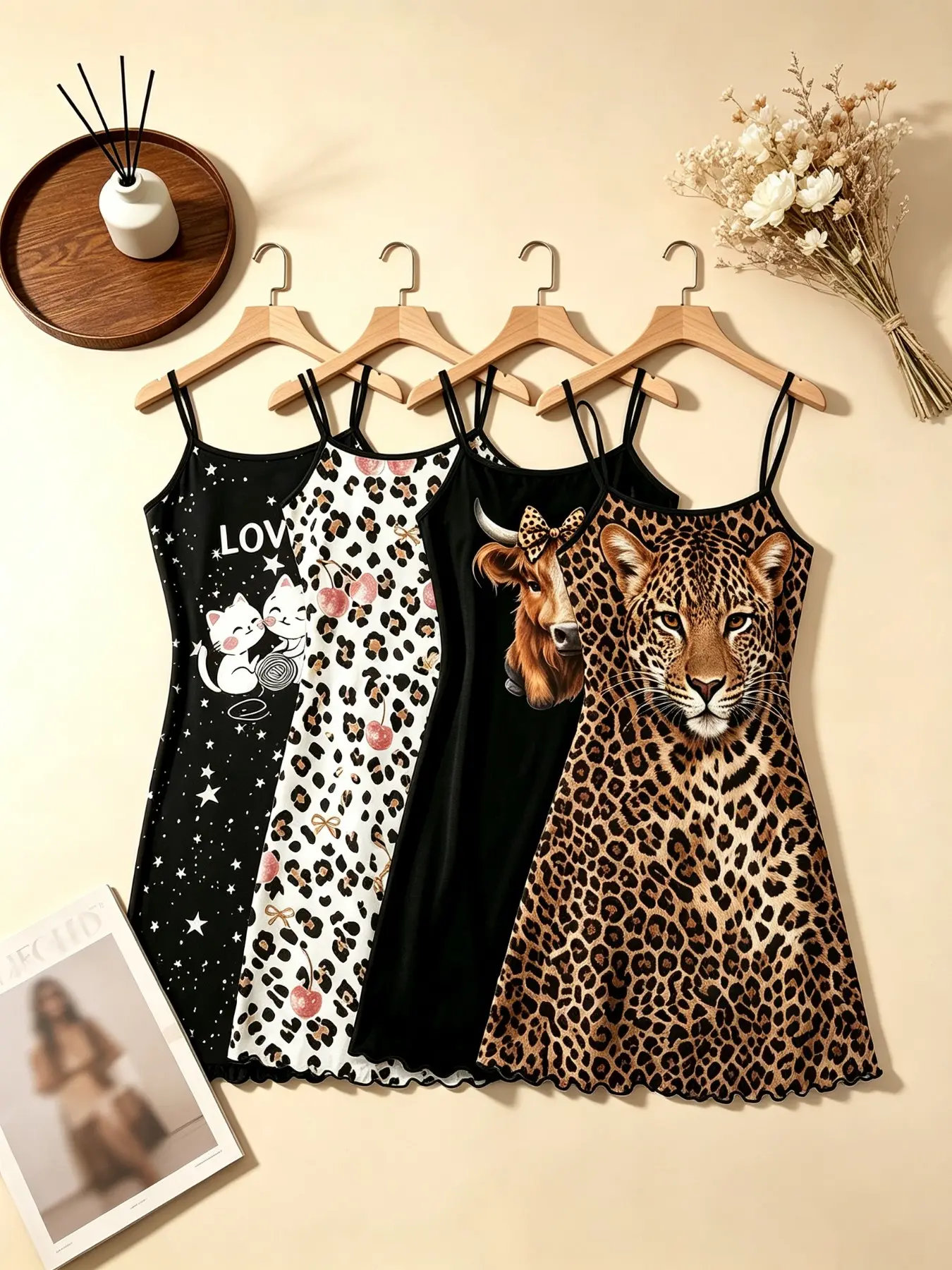 4 Pack Viral 2026 Trending Best Seller Women's Sleepwear Leopard Cheetah Cartoon Cat Highland Cow Print Summer Spaghetti Strap Ruffle Hem Ultra Buttery Soft Satin Slip Dress Lightweight Comfy Breathable Casual Lounge Nightgown for All Day Daily Wear