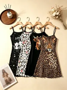 4 Pack Viral 2026 Trending Best Seller Women's Sleepwear Leopard Cheetah Cartoon Cat Highland Cow Print Summer Spaghetti Strap Ruffle Hem Ultra Buttery Soft Satin Slip Dress Lightweight Comfy Breathable Casual Lounge Nightgown for All Day Daily Wear