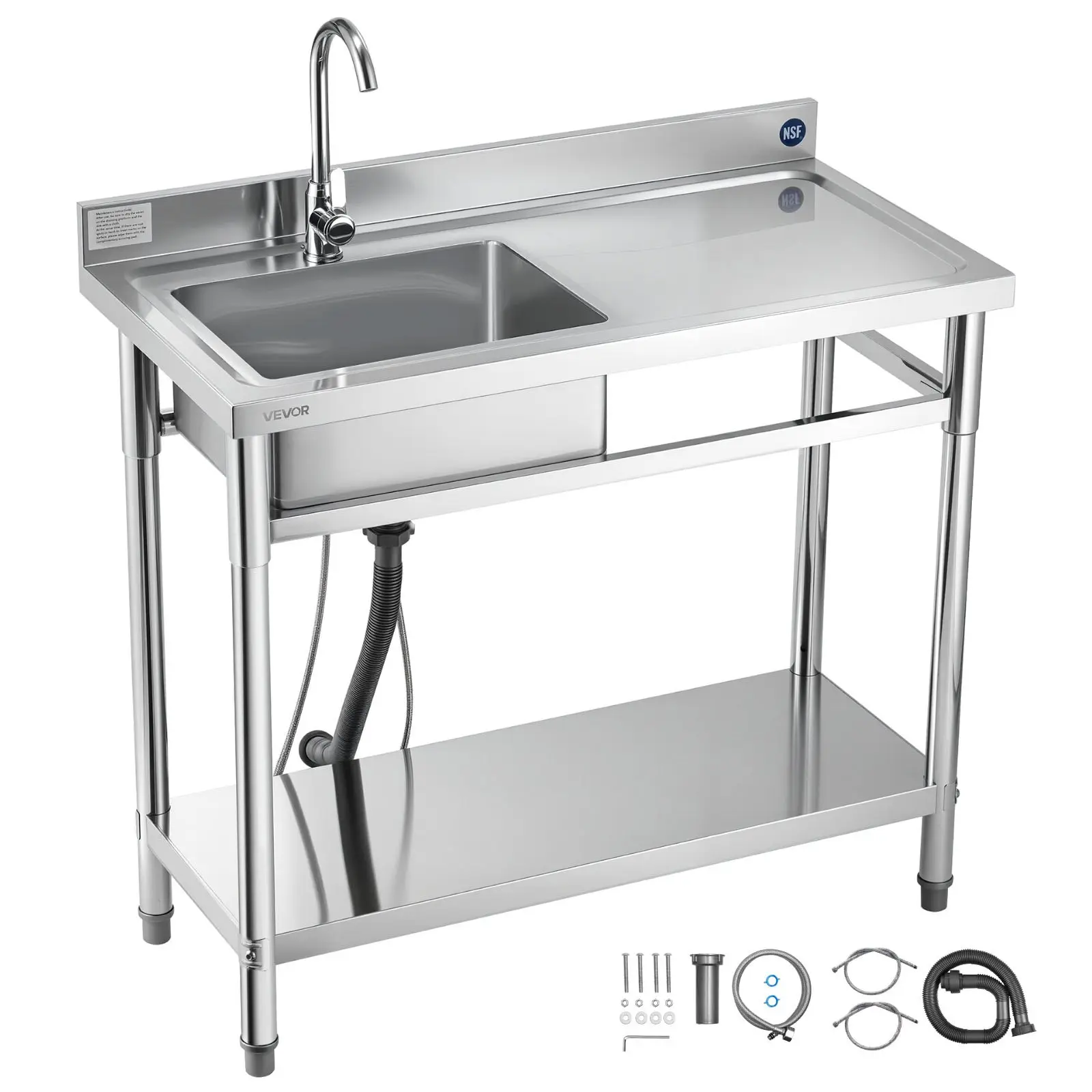 Stainless Steel Utility Sink, Free Standing Single Bowl Commercial Kitchen Sink with Faucet, 39.4x 19.7x 37 in, Utility Right Basin with Hot Cold Water Pipe for Garage, Restaurant, Laundry
