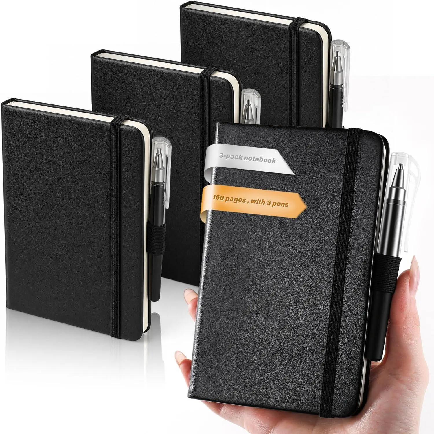 Small Notebook Journal - 3 Pack  480 Pages - Pocket Notebooks with Pens for Work - 3.7" x 5.7" A6 Notebook - Hardcover Mini Notebooks