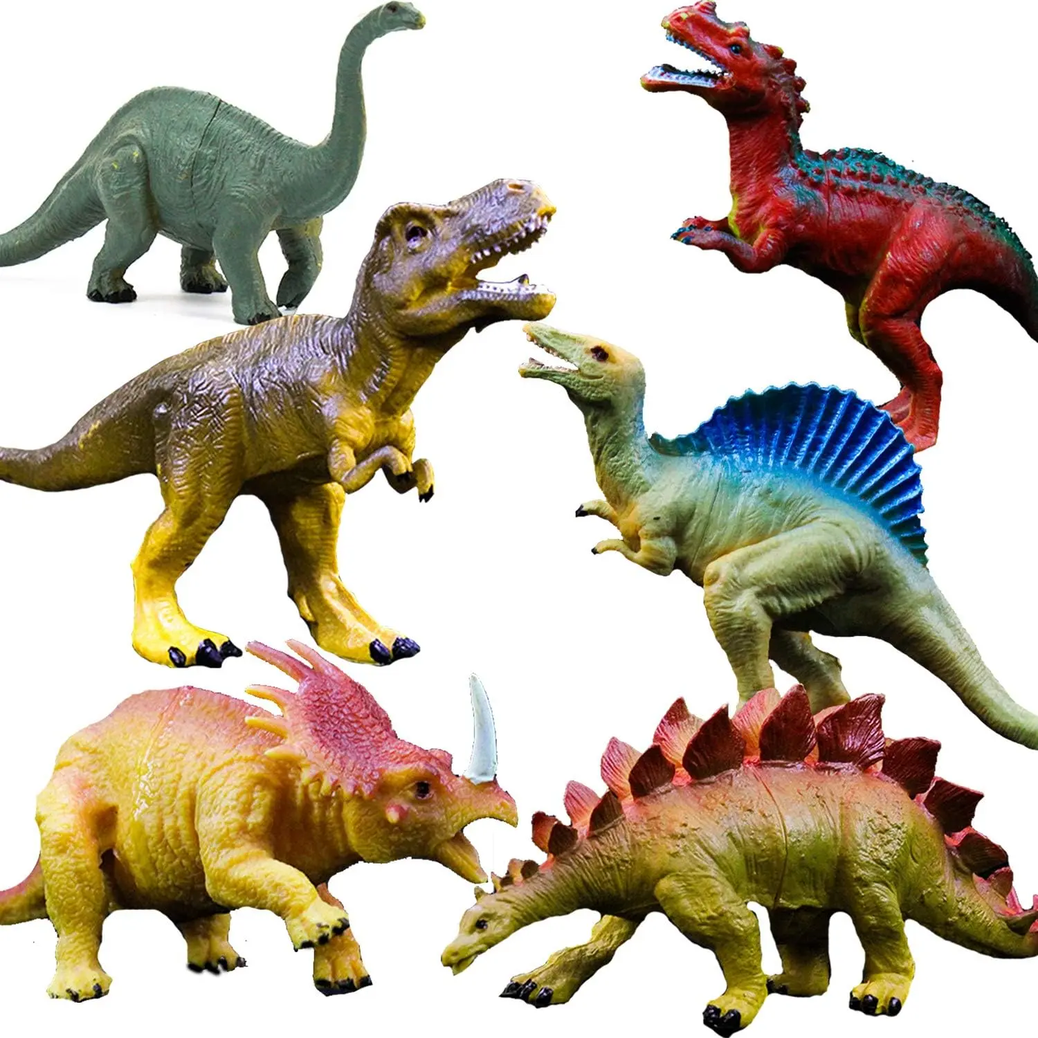 Dinosaur Toys, Plastic Dinosaur Figure Set, Ideal Education Toys for Kids, Including T-Rex, Stegosaurus, Monoclonius, 6 to 7 Inch Large Size, 6 Pack