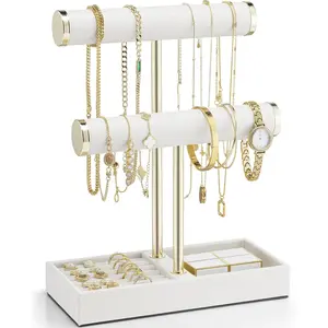 2 Tier Bracelet Holder with Tray - Leather Jewelry Stand Organizer for Women - Necklace Holder Display for Necklace, Watches, Rings, Earrings, Bangle, Scrunchie - White