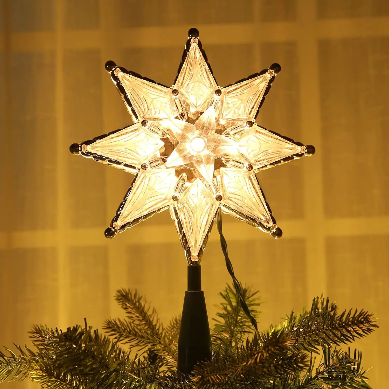Christmas Tree Topper, 8" Lighted Double-Sided  Treetop, 8-Point Xmas Tree Topper with 10 Warm Lights, 120V UL Certified for Christmas Ornament Party  Decor