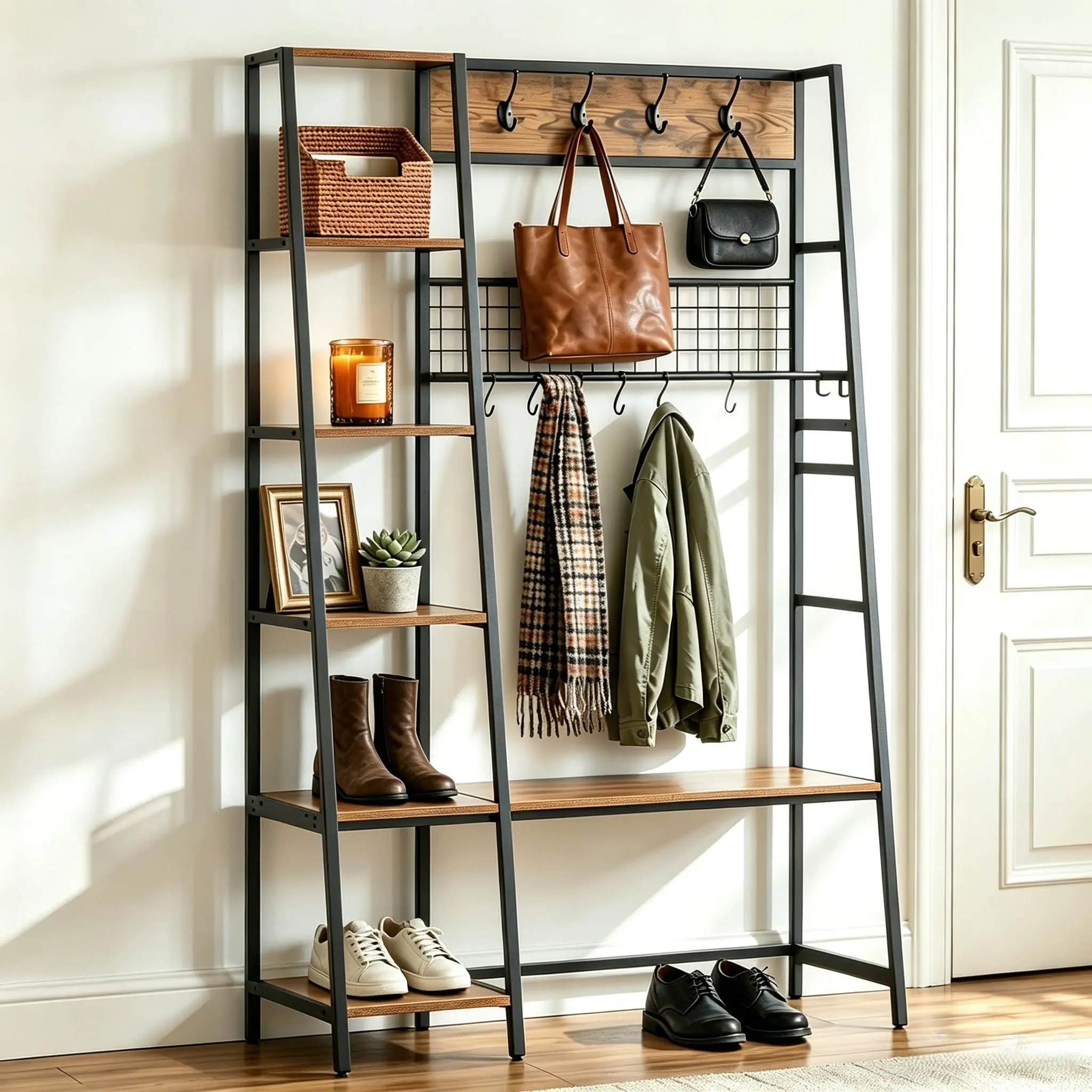Garvee Space-Saving Industrial Hall Tree with Bench – 11 Hooks – 5-Tier Shoe & Side Storage Shelves – Freestanding Entryway Coat Rack Organizer for Mudroom or Foyer