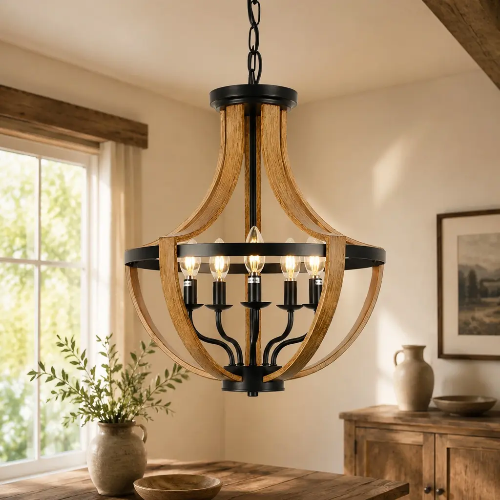 ARCH 5-Light Farmhouse Industrial Chandelier, 17.70" W x 17.70" D x 17.30" H Metal Geometric Wooden Frame Pendant Light, Adjustable Height, Sloped Ceiling Compatible, for Dining Room, Kitchen Island, E26 Bulbs (60W Each, Max 60W/Bulb) Not Included